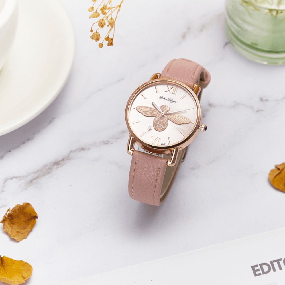 A0554 Mode Leuke Dames Horloges Rose Gold Case Lederen Band Romeinse Cijfers Bee Quartz Horloges