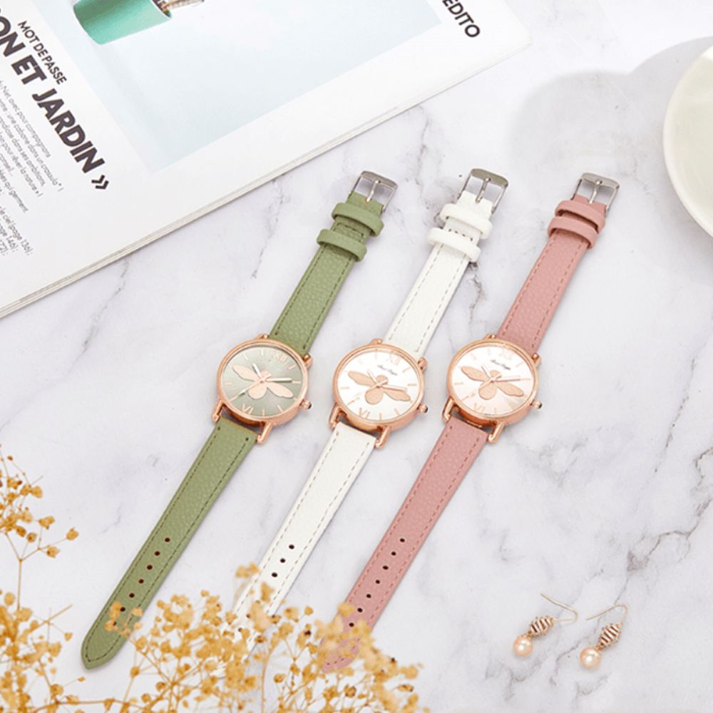 A0554 Mode Leuke Dames Horloges Rose Gold Case Lederen Band Romeinse Cijfers Bee Quartz Horloges