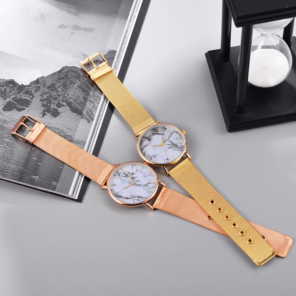 A0556 Leisure Sport Vrouwen Horloge Legering Case Mesh Band Verstelbare Vouwsluiting Creatieve Marmer Quartz Horloges