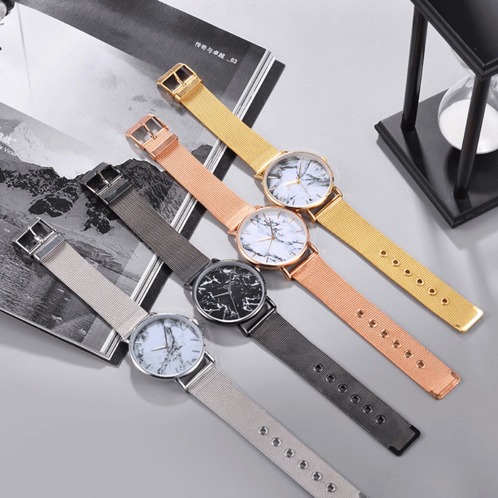 A0556 Leisure Sport Vrouwen Horloge Legering Case Mesh Band Verstelbare Vouwsluiting Creatieve Marmer Quartz Horloges