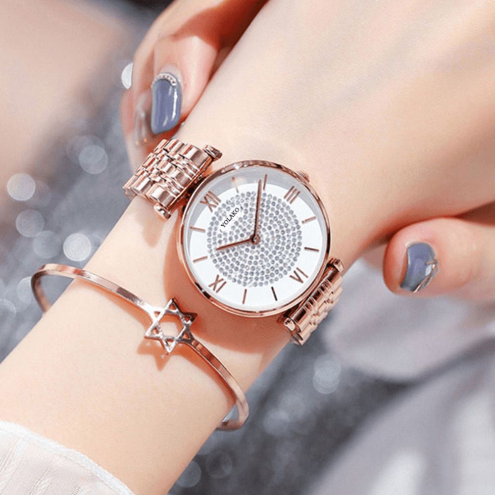 A0566 Trendy Elegante Dames Horloges Volledige Legering Romeinse Cijfers Steentjes Mount Dial Quartz Horloges