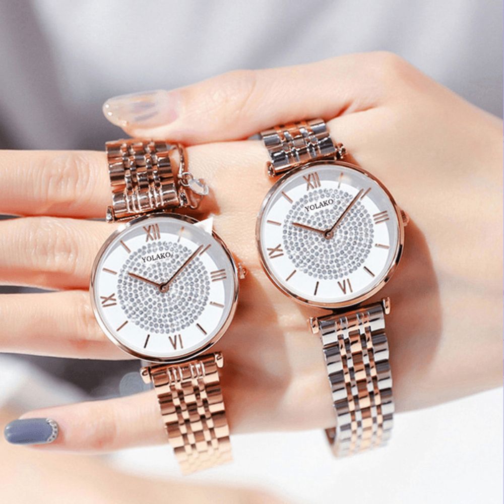 A0566 Trendy Elegante Dames Horloges Volledige Legering Romeinse Cijfers Steentjes Mount Dial Quartz Horloges