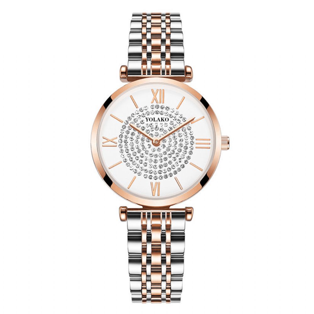 A0566 Trendy Elegante Dames Horloges Volledige Legering Romeinse Cijfers Steentjes Mount Dial Quartz Horloges