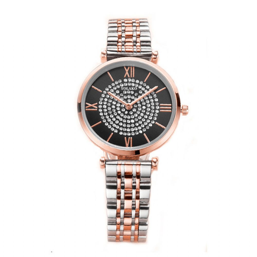 A0566 Trendy Elegante Dames Horloges Volledige Legering Romeinse Cijfers Steentjes Mount Dial Quartz Horloges