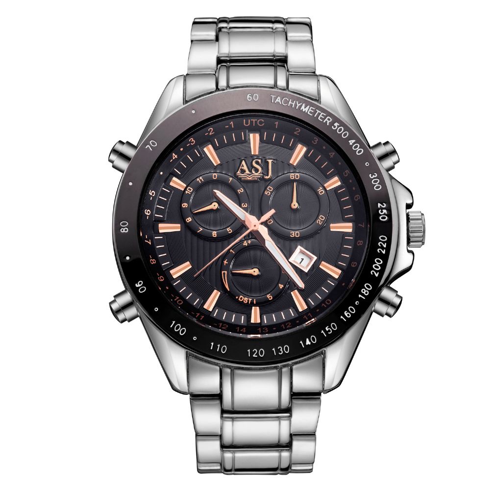 Asj Casual Sports Met Kalender Wijzerplaat Roestvrij Stalen Band Waterdicht Heren Quartz Horloge