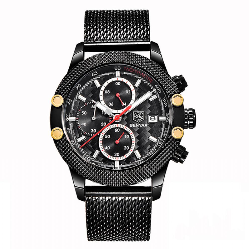 Benyar 5109M Mode Heren Horloge Chronograaf 3Atm Waterdicht Roestvrij Stalen Band Quartz Horloge