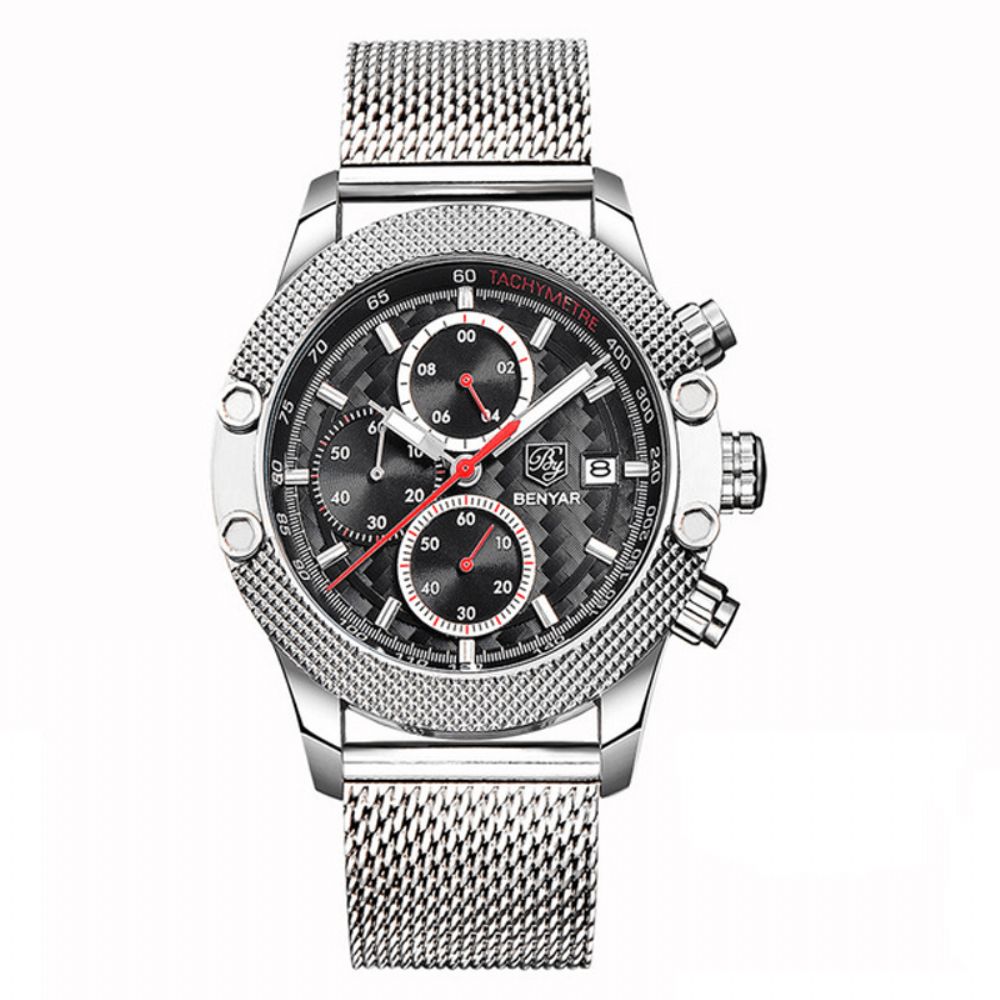 Benyar 5109M Mode Heren Horloge Chronograaf 3Atm Waterdicht Roestvrij Stalen Band Quartz Horloge