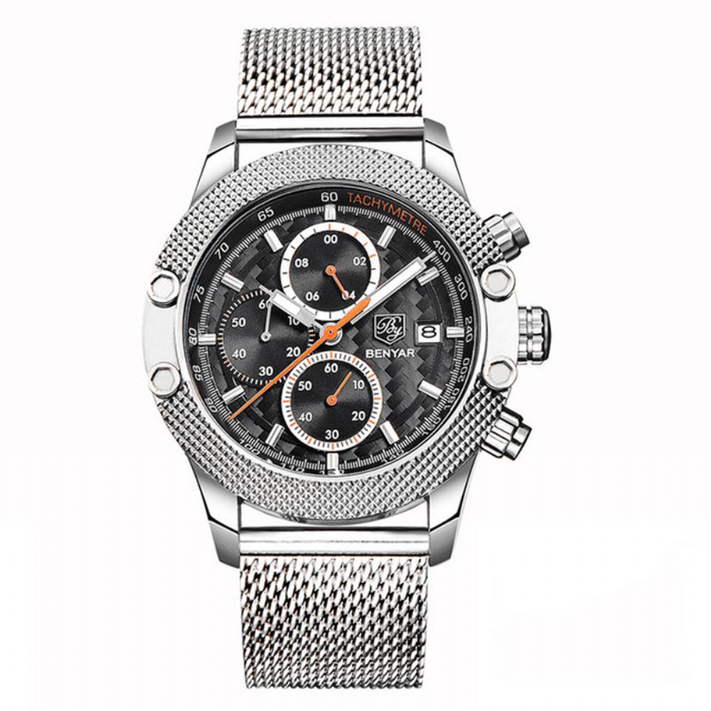 Benyar 5109M Mode Heren Horloge Chronograaf 3Atm Waterdicht Roestvrij Stalen Band Quartz Horloge