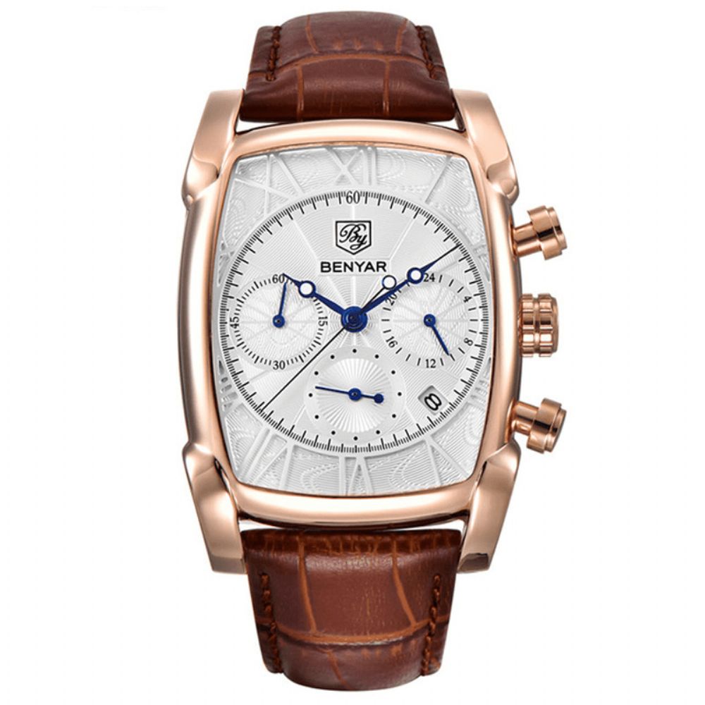 Benyar 5113M Zakelijke Herenhorloge 3Atm Waterdichte Datumweergave Lederen Band Quartz Horloge