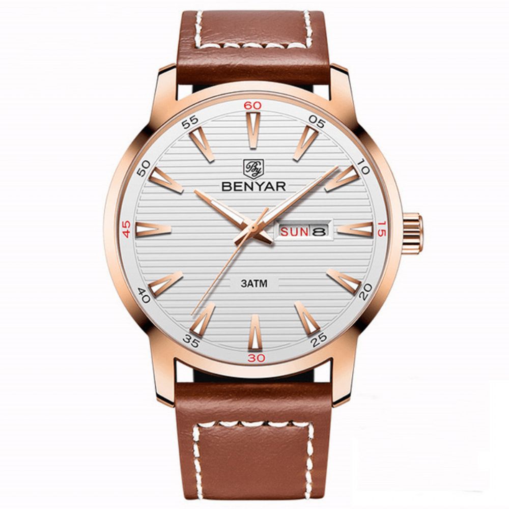 Benyar 5145 Mode Heren Horloge Waterdicht Automatisch Weekdisplay Lederen Band Quartz Horloge