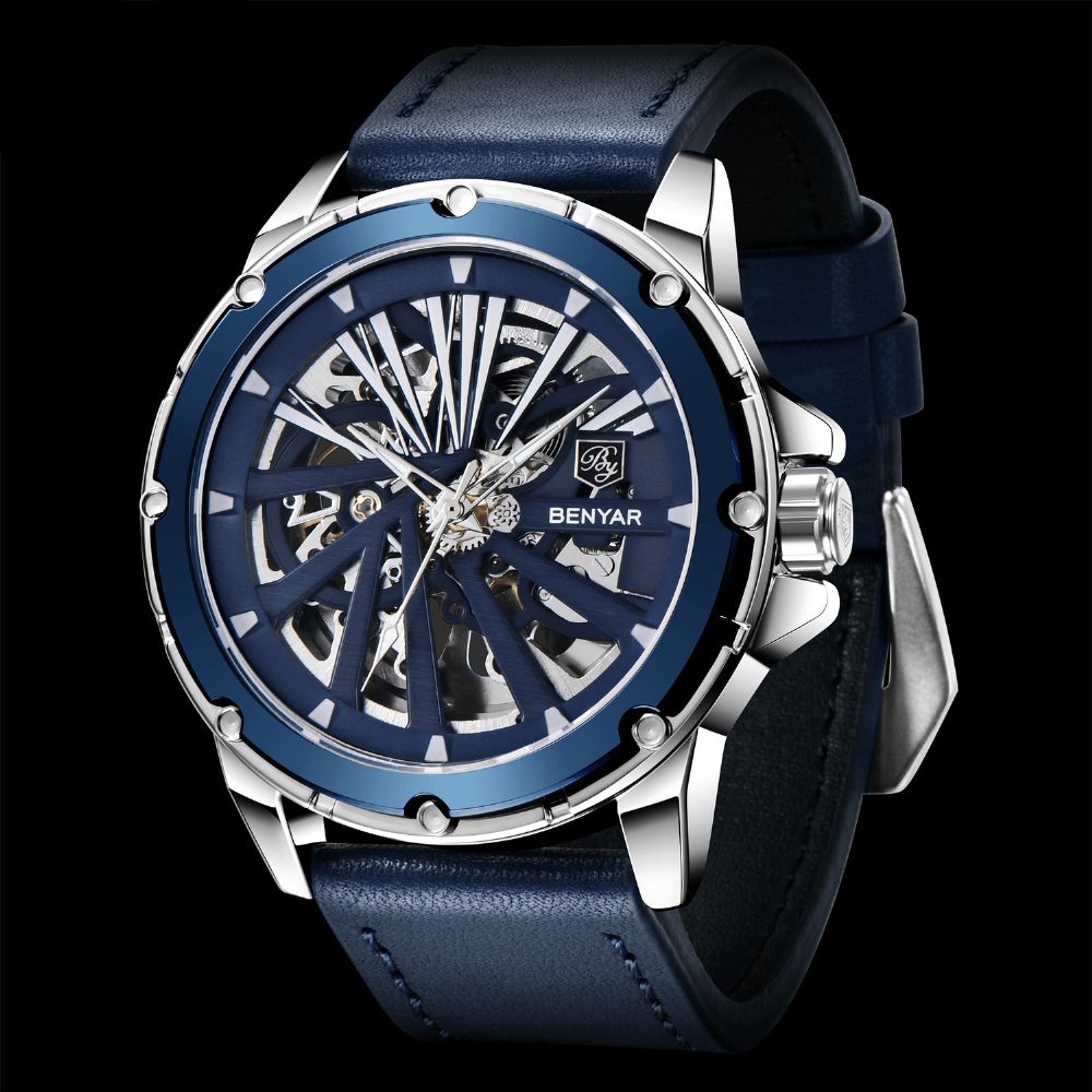 Benyar 5173 Mode Sport Tweezijdig Uitgehold Ontwerp Pu Lederen Band 3Atm Waterdicht Heren Automatisch Mechanisch Horloge