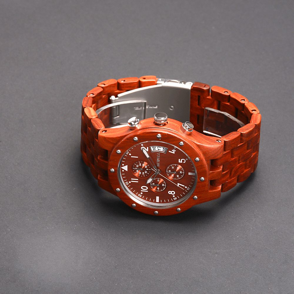 Bewell Multifunctioneel Houten Polshorloge Creatieve Datumweergave Heren Quartzhorloge