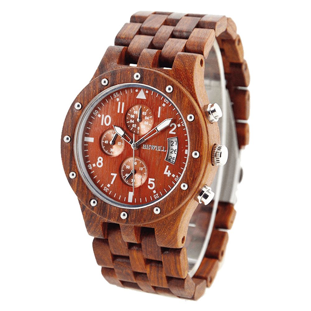 Bewell Multifunctioneel Houten Polshorloge Creatieve Datumweergave Heren Quartzhorloge