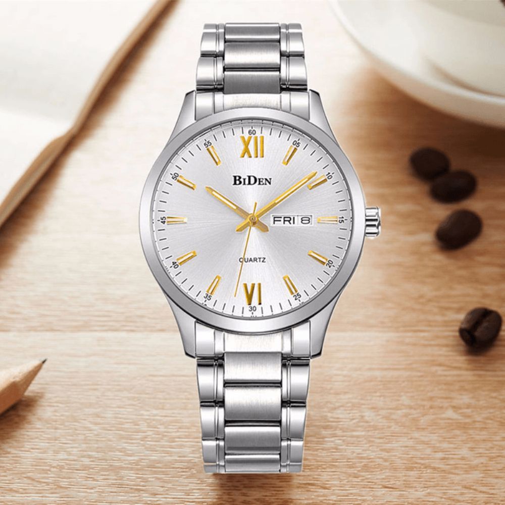 Biden 0032 Volledig Stalen Waterdichte Herenhorloge Casual Stijl Kalender Quartz Horloges