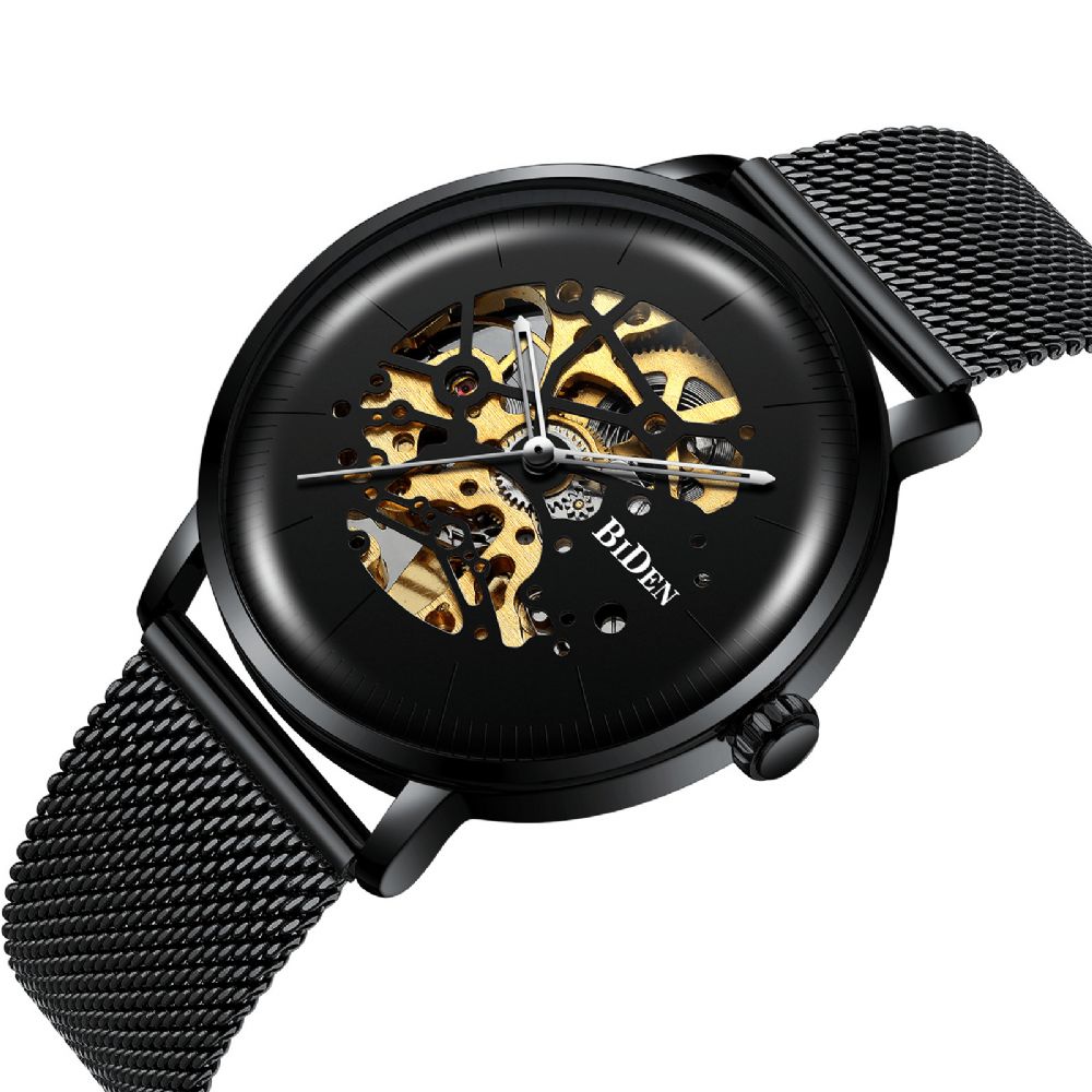 Biden Bd0052 Mesh Roestvrij Stalen Band Automatisch Mechanisch Horloge Zakelijke Stijl Herenhorloge