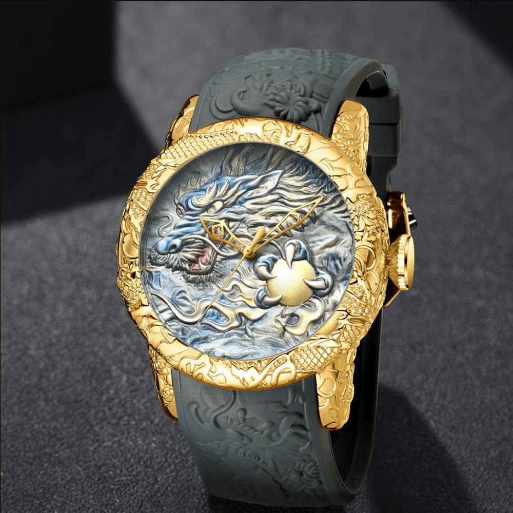 Biden Bd129 Retro Dragon Chinese Stijl Heren Polshorloge Waterdicht Siliconen Band Quartz Horloge