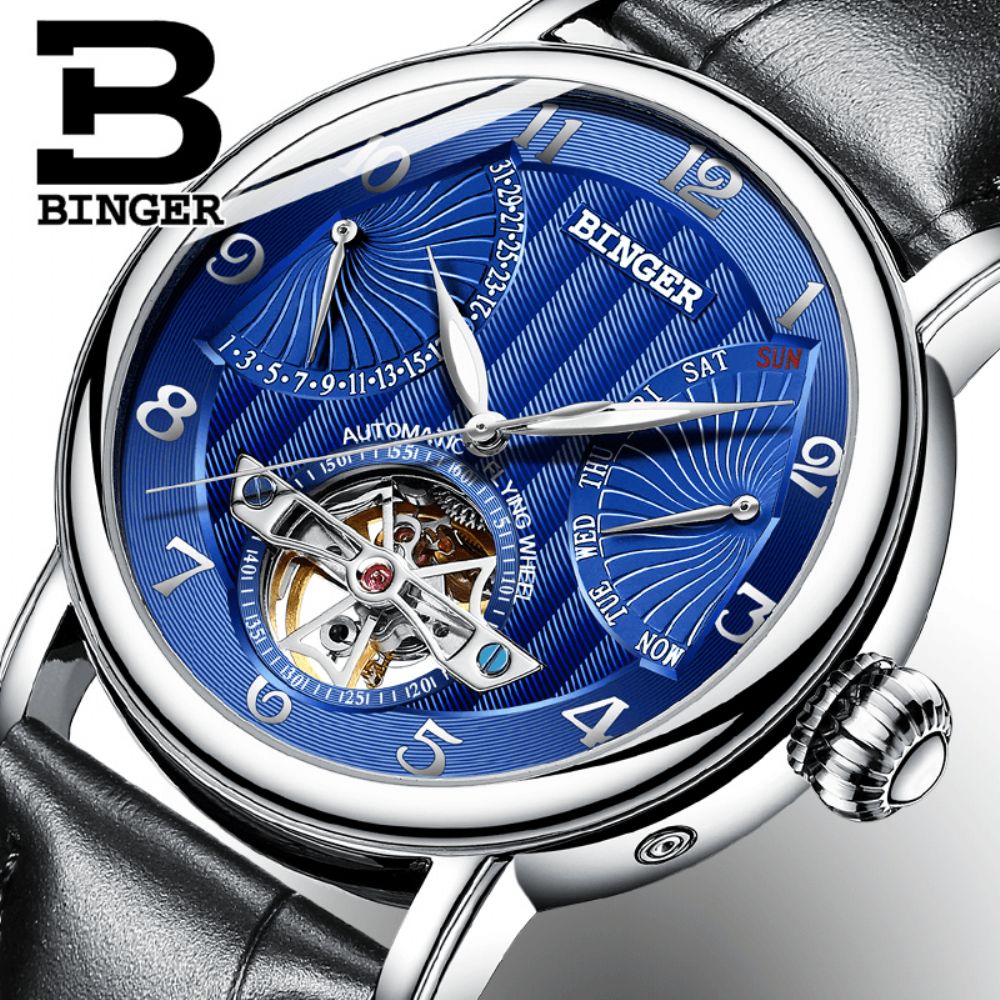 Binger Heren Mechanisch Horloge Holle Automatische Opwindkalender Weekweergave 3Atm Waterdichte Lederen Band Herenhorloge