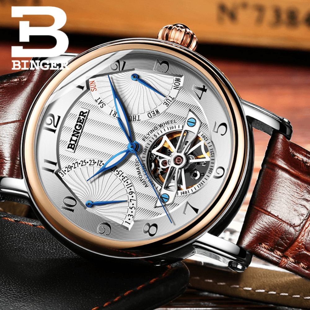 Binger Heren Mechanisch Horloge Holle Automatische Opwindkalender Weekweergave 3Atm Waterdichte Lederen Band Herenhorloge