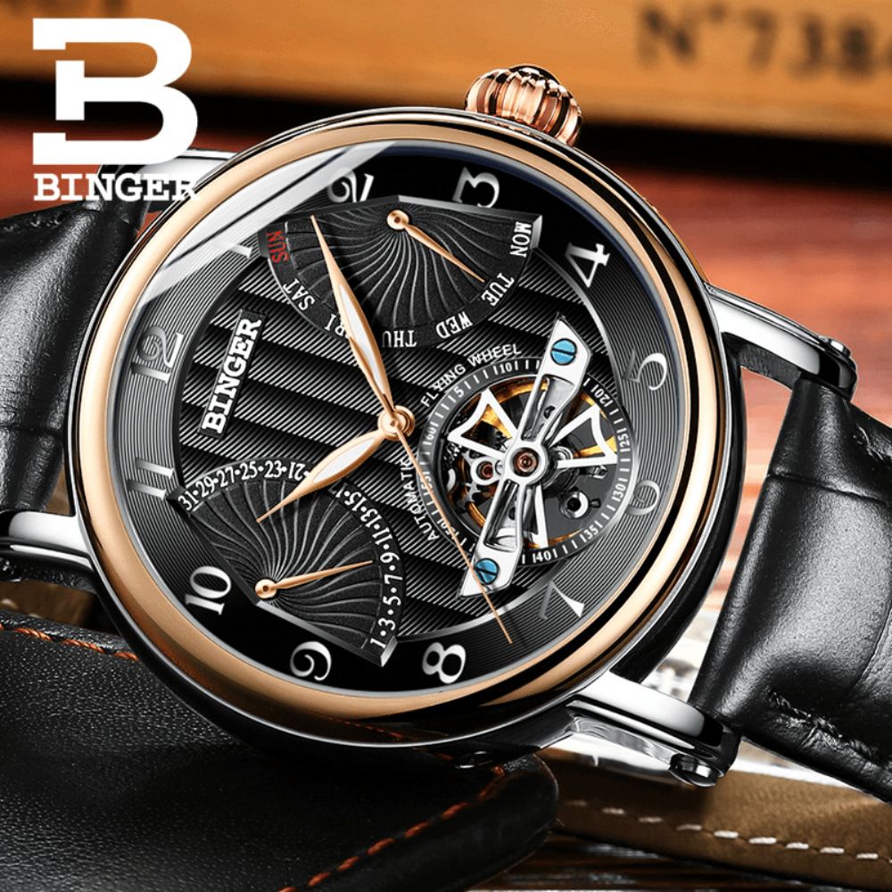 Binger Heren Mechanisch Horloge Holle Automatische Opwindkalender Weekweergave 3Atm Waterdichte Lederen Band Herenhorloge