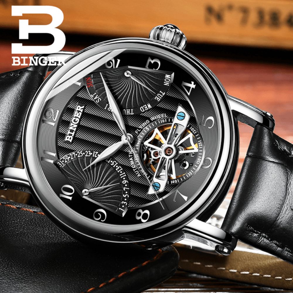 Binger Heren Mechanisch Horloge Holle Automatische Opwindkalender Weekweergave 3Atm Waterdichte Lederen Band Herenhorloge