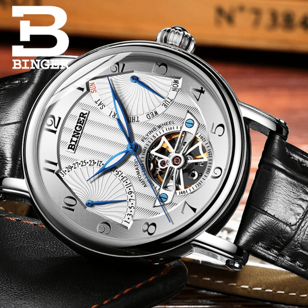 Binger Heren Mechanisch Horloge Holle Automatische Opwindkalender Weekweergave 3Atm Waterdichte Lederen Band Herenhorloge