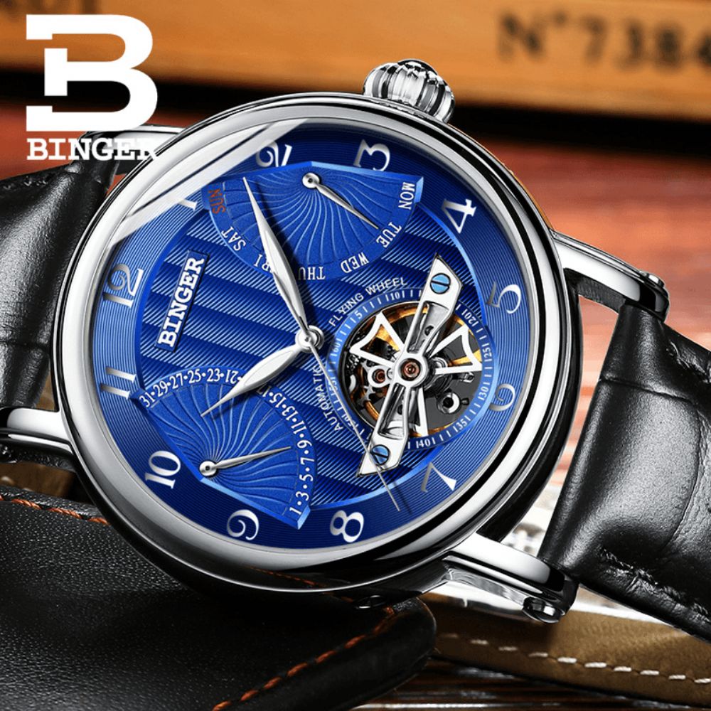 Binger Heren Mechanisch Horloge Holle Automatische Opwindkalender Weekweergave 3Atm Waterdichte Lederen Band Herenhorloge