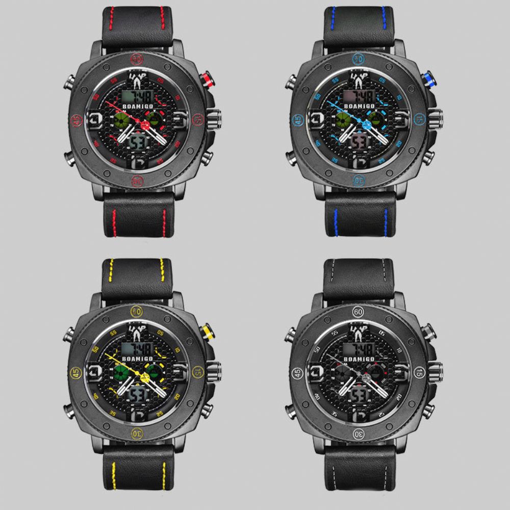 Boamigo F525 Mode Heren Digitaal Horloge Creatieve Wijzerplaat Lichtgevende Weekweergave Chronograaf Led Dual Display Horloge