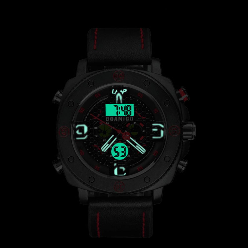 Boamigo F525 Mode Heren Digitaal Horloge Creatieve Wijzerplaat Lichtgevende Weekweergave Chronograaf Led Dual Display Horloge