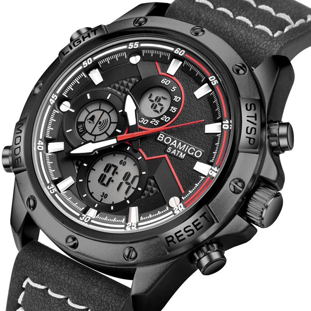 Boamigo F546 Mode Heren Digitaal Horloge Datum Week Display Chronograaf Led Licht Sport Dual Display Horloge