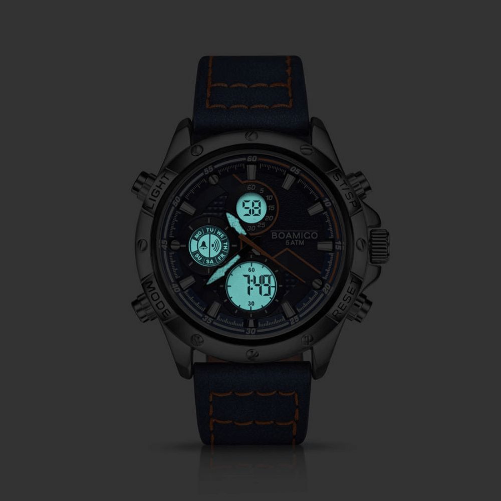 Boamigo F546 Twee Tijdzones Dual Display Horloge Led Licht Chronograaf Alarm Heren Quartz Horloges