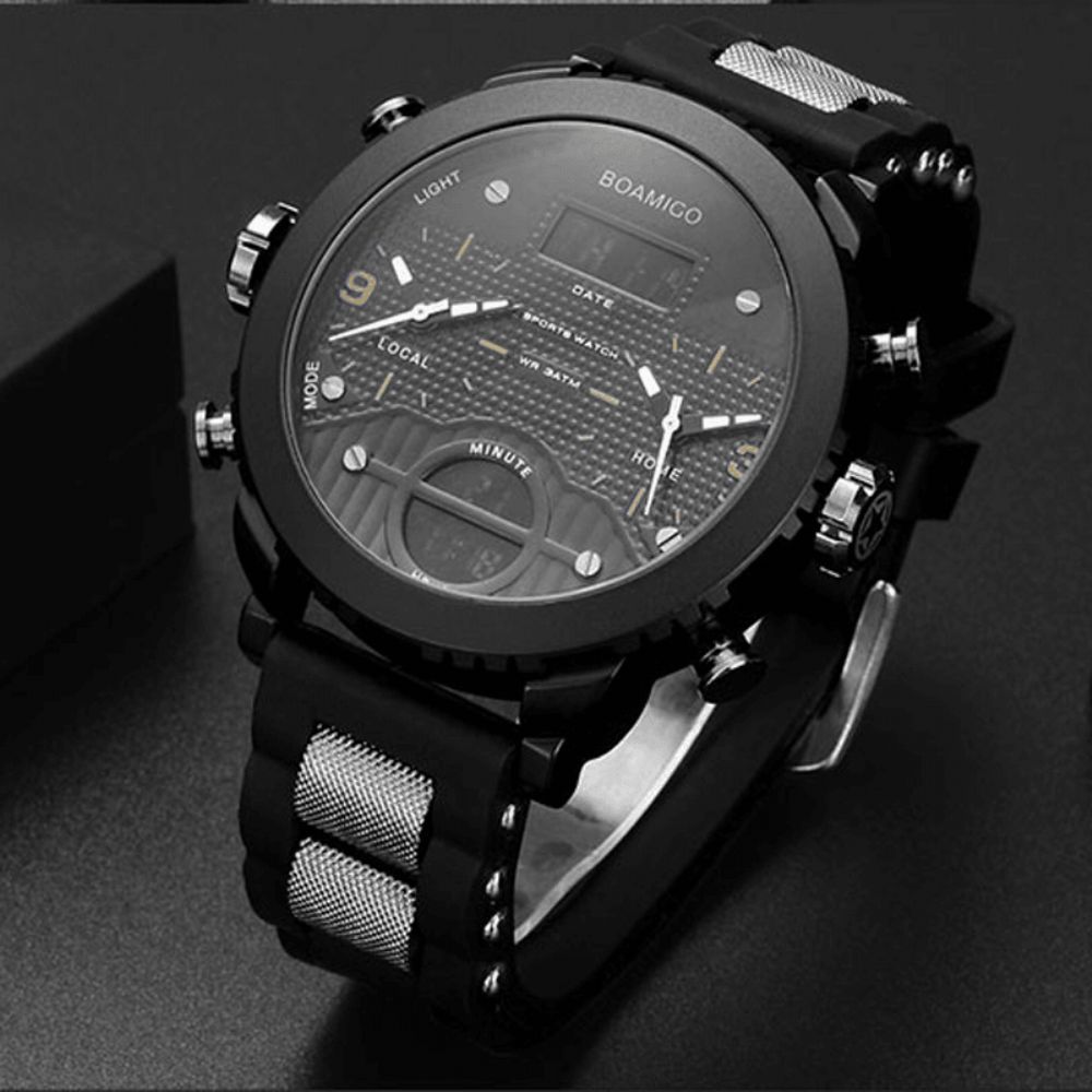 Boamigo F905 Mode Heren Digitaal Horloge 3 Tijdzone Datum Week Maand Display Chronograaf Waterdicht Dual Display Horloge