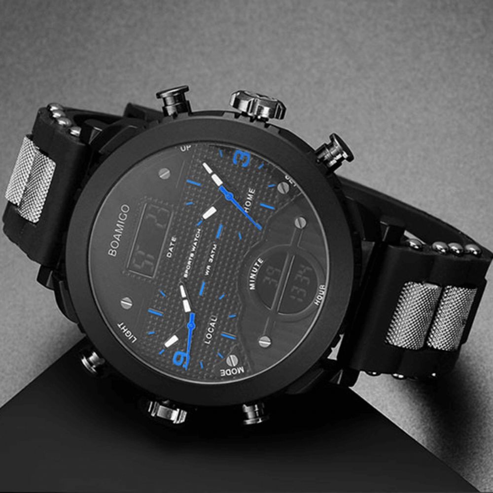 Boamigo F905 Mode Heren Digitaal Horloge 3 Tijdzone Datum Week Maand Display Chronograaf Waterdicht Dual Display Horloge