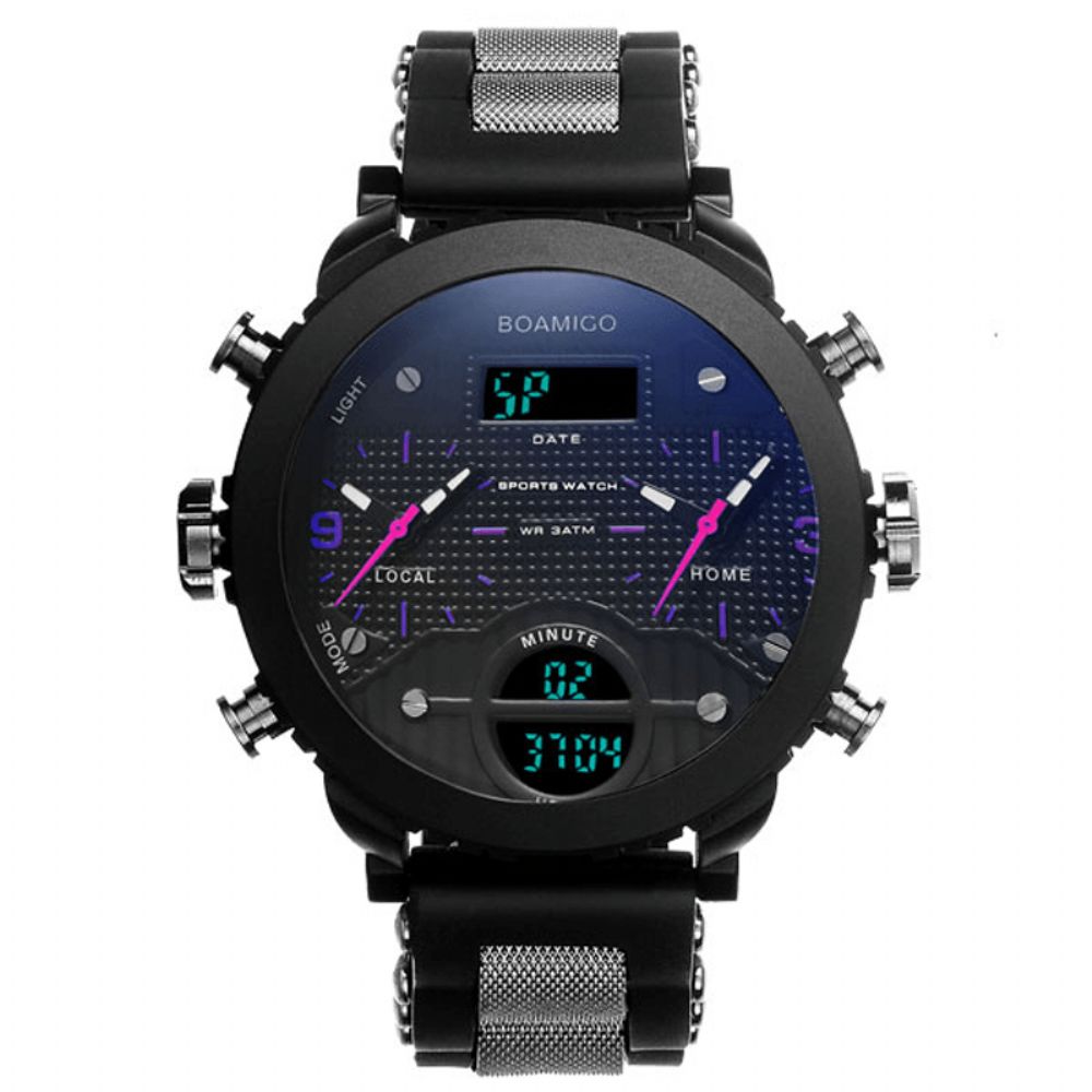 Boamigo F905 Mode Heren Digitaal Horloge 3 Tijdzone Datum Week Maand Display Chronograaf Waterdicht Dual Display Horloge