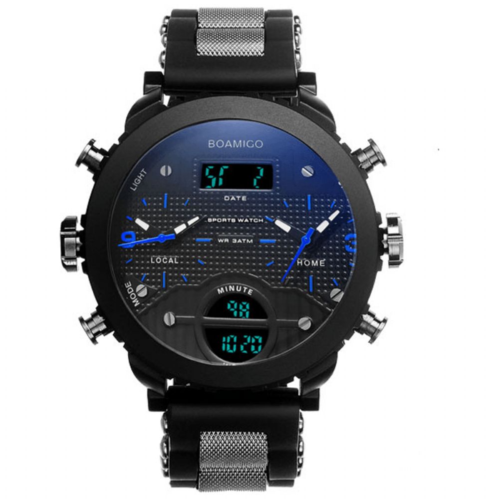 Boamigo F905 Mode Heren Digitaal Horloge 3 Tijdzone Datum Week Maand Display Chronograaf Waterdicht Dual Display Horloge