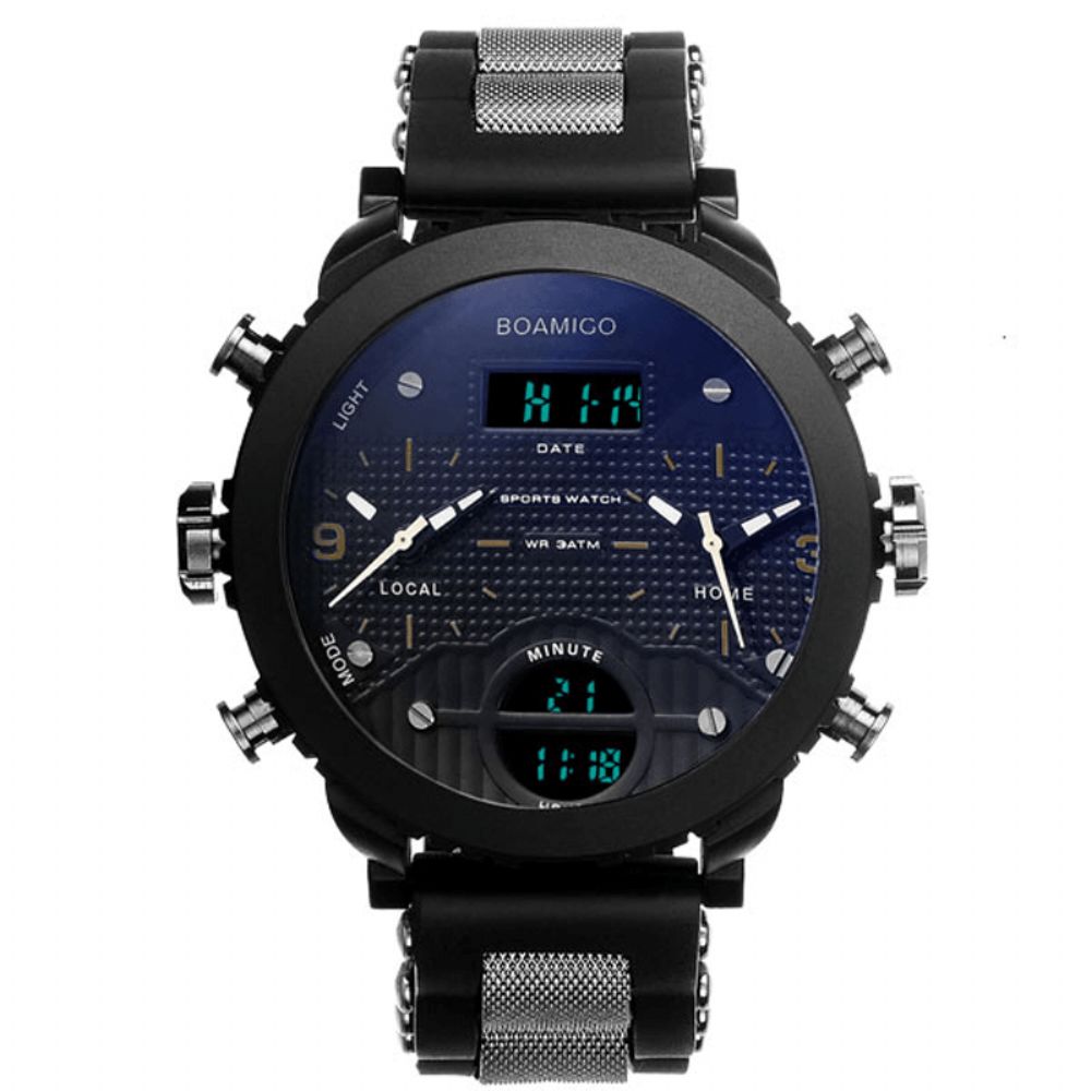 Boamigo F905 Mode Heren Digitaal Horloge 3 Tijdzone Datum Week Maand Display Chronograaf Waterdicht Dual Display Horloge