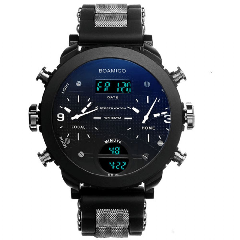 Boamigo F905 Mode Heren Digitaal Horloge 3 Tijdzone Datum Week Maand Display Chronograaf Waterdicht Dual Display Horloge