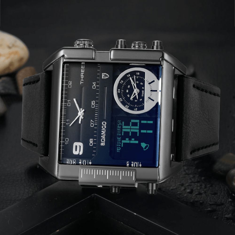 Boamigo F920 Mode Mannen Digitale Horloge Creatieve Wijzerplaat Week Maand Display Chronograaf 3 Tijdzone Lederen Band Dual Display Horloge