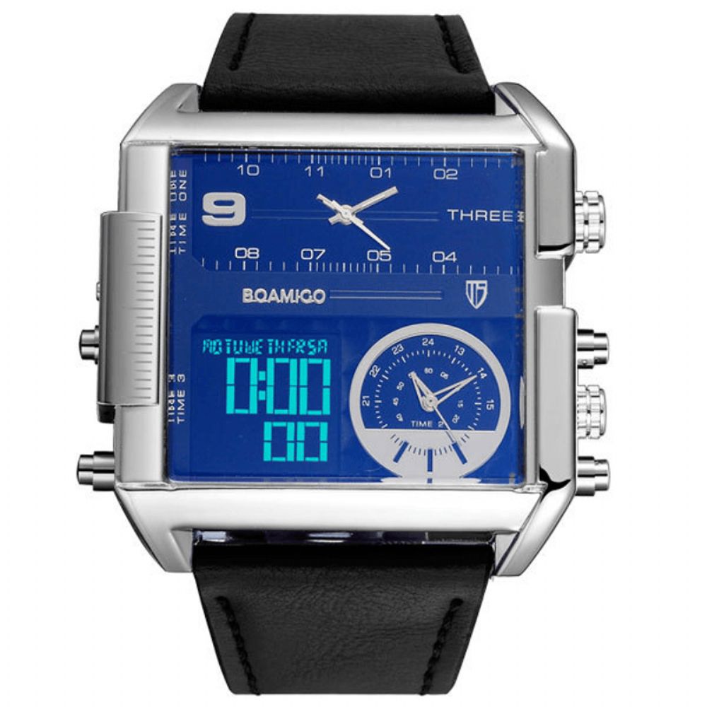 Boamigo F920 Mode Mannen Digitale Horloge Creatieve Wijzerplaat Week Maand Display Chronograaf 3 Tijdzone Lederen Band Dual Display Horloge