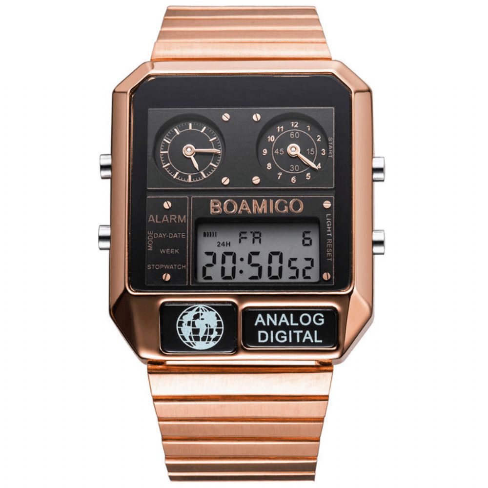 Boamigo F928 Mode Heren Digitaal Horloge Datum Weekweergave Chronograaf 3 Tijdzone Waterdicht Led Dual Display Horloge