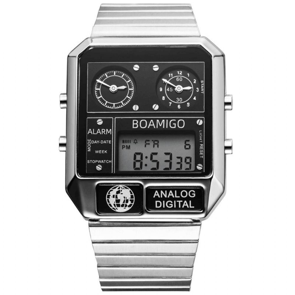 Boamigo F928 Mode Heren Digitaal Horloge Datum Weekweergave Chronograaf 3 Tijdzone Waterdicht Led Dual Display Horloge