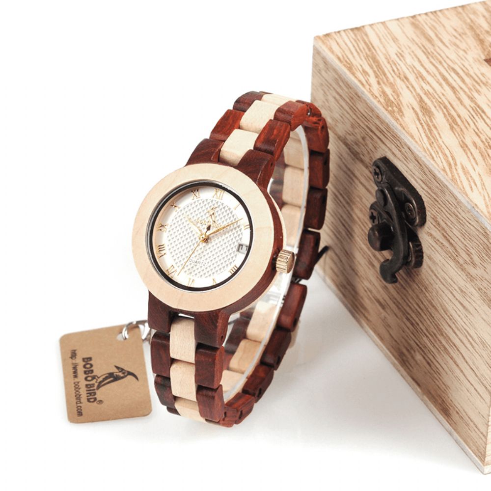 Bobo Bird M19 Romeins Nummer Datumweergave Damespolshorloge Houten Quartzhorloge