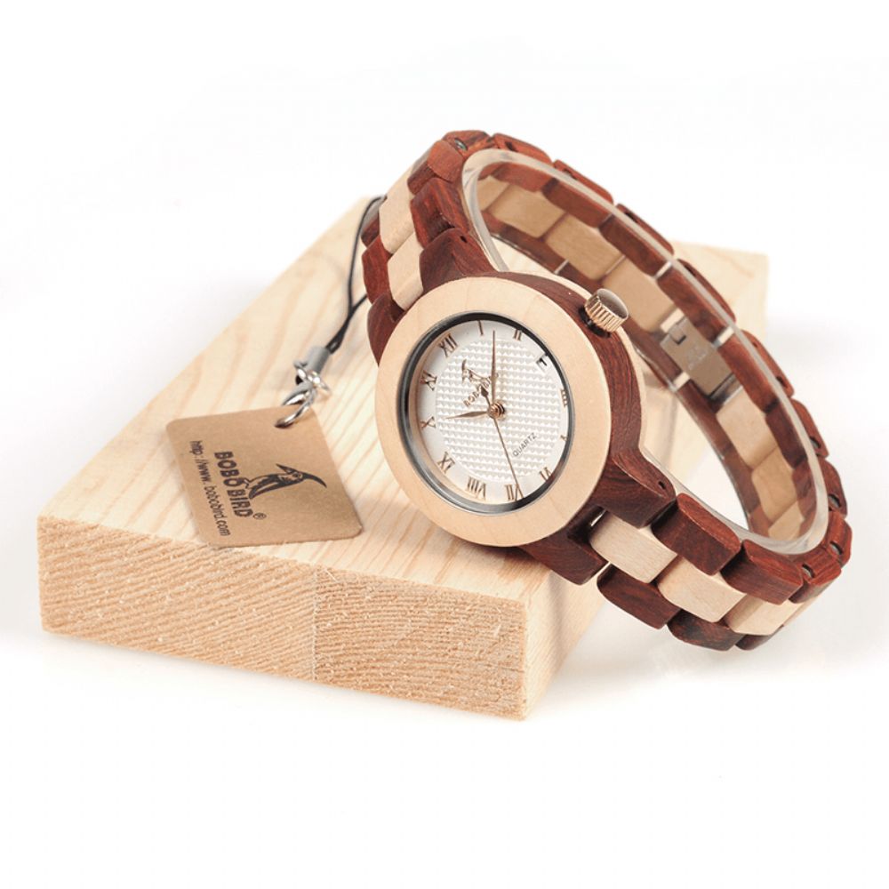 Bobo Bird M19 Romeins Nummer Datumweergave Damespolshorloge Houten Quartzhorloge