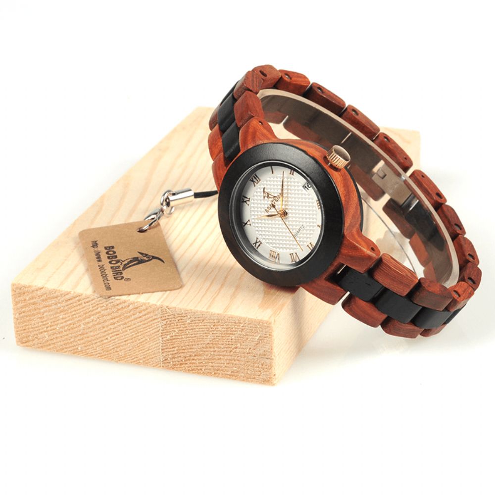 Bobo Bird M19 Romeins Nummer Datumweergave Damespolshorloge Houten Quartzhorloge