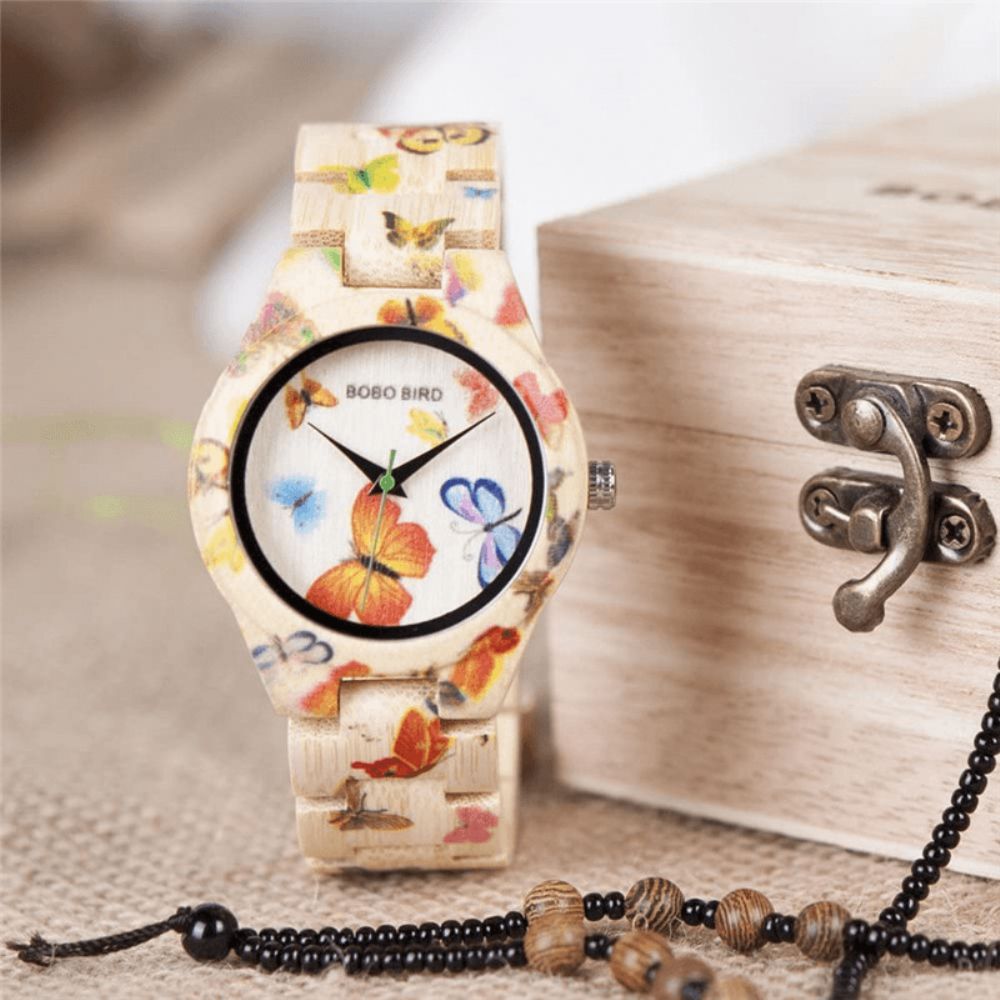 Bobo Bird O20 Modieus Bamboe Dames Polshorloge Hardlex Glas Houten Quartz Horloge