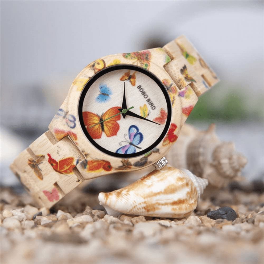 Bobo Bird O20 Modieus Bamboe Dames Polshorloge Hardlex Glas Houten Quartz Horloge