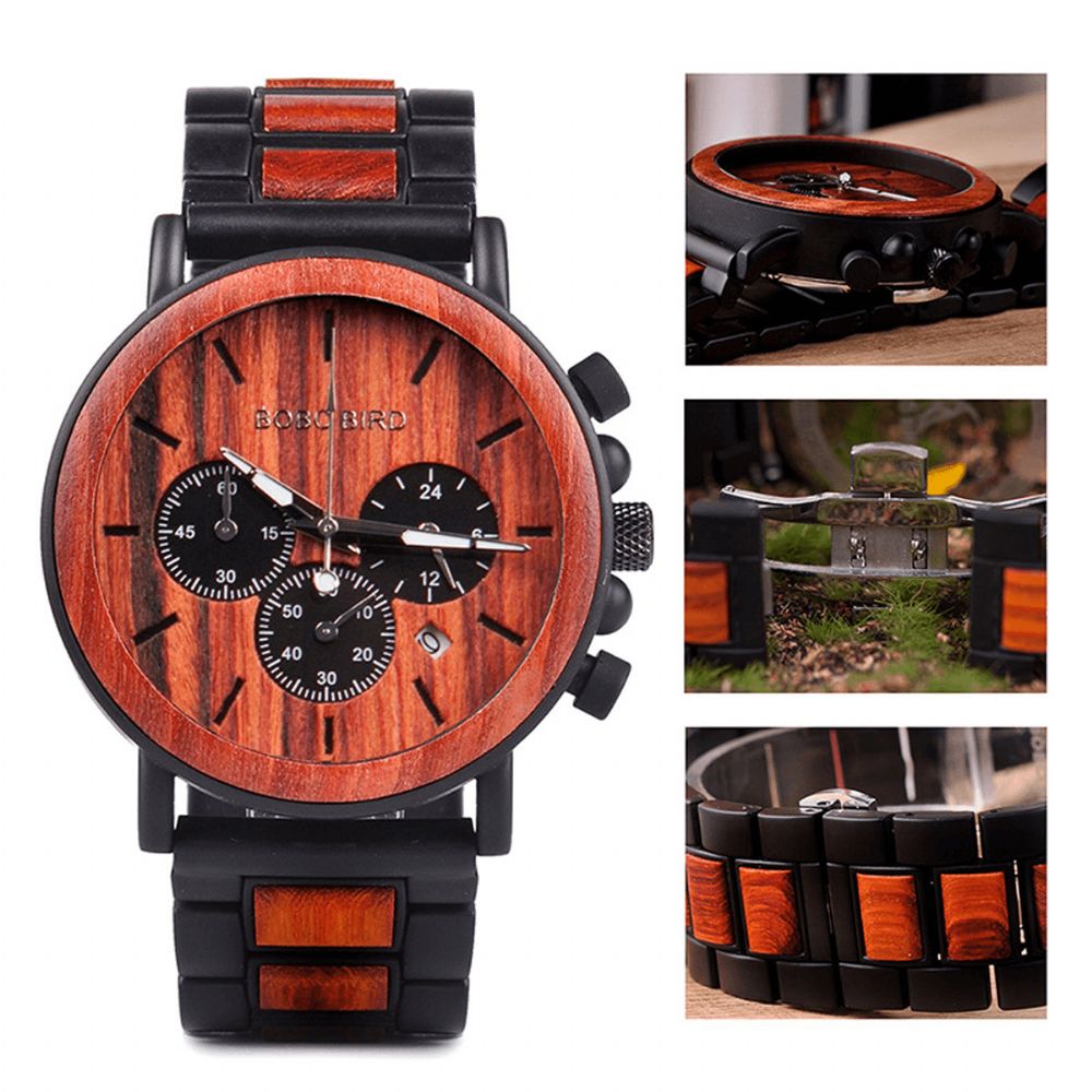 Bobo Bird P09 Heren Casual Houten Datumweergave Horloges Quartz Horloge Met Doos