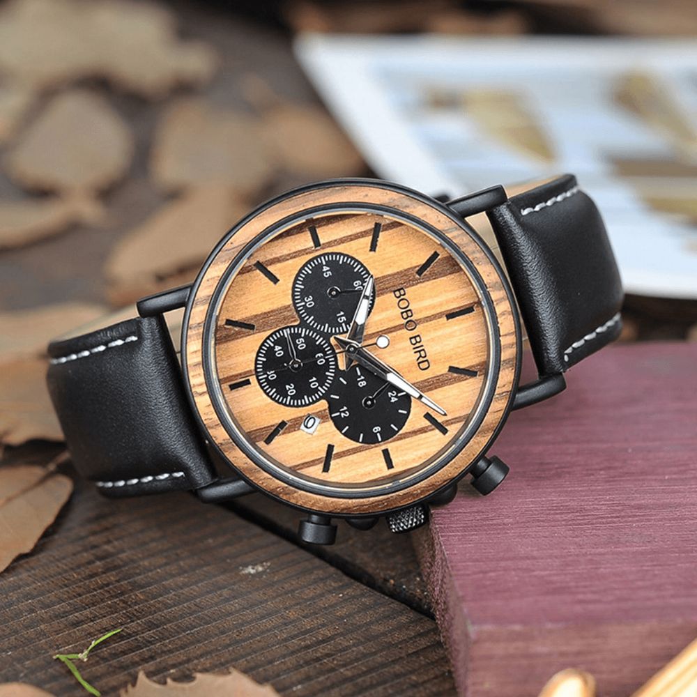 Bobo Bird P09 Heren Casual Houten Datumweergave Horloges Quartz Horloge Met Doos