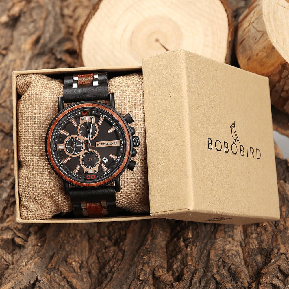 Bobo Bird S18-1 Heren Houten Lichtgevende Hand Datumweergave Horloges Quartz Horloge