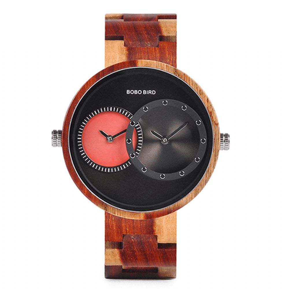 Bobo Bird W-R10 Twee Tijdzones Creatief Horloge Houten Dames Heren Quartz Horloges