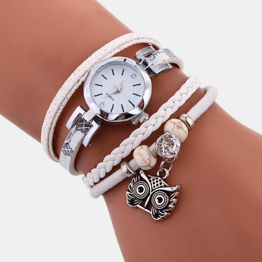 Boheemse Schattige Uil Lederen Armband Horloge Etnische Metalen Strass Meerlagige Polshorloges